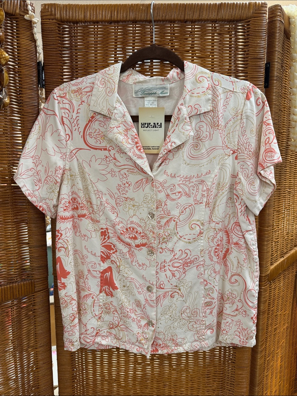 Pineapple Moon 100% Silk Coral Floral Short-Sleeve Button-Down Shirt